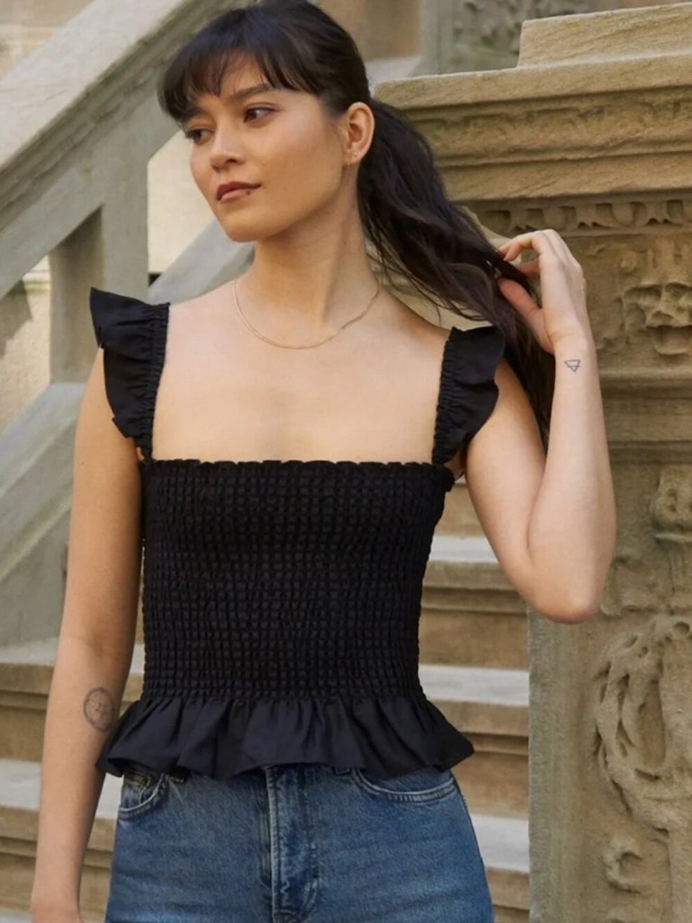 Reformation Junebug Black Linen Smocked Crop Top Small Ruffle Peplum Coquette